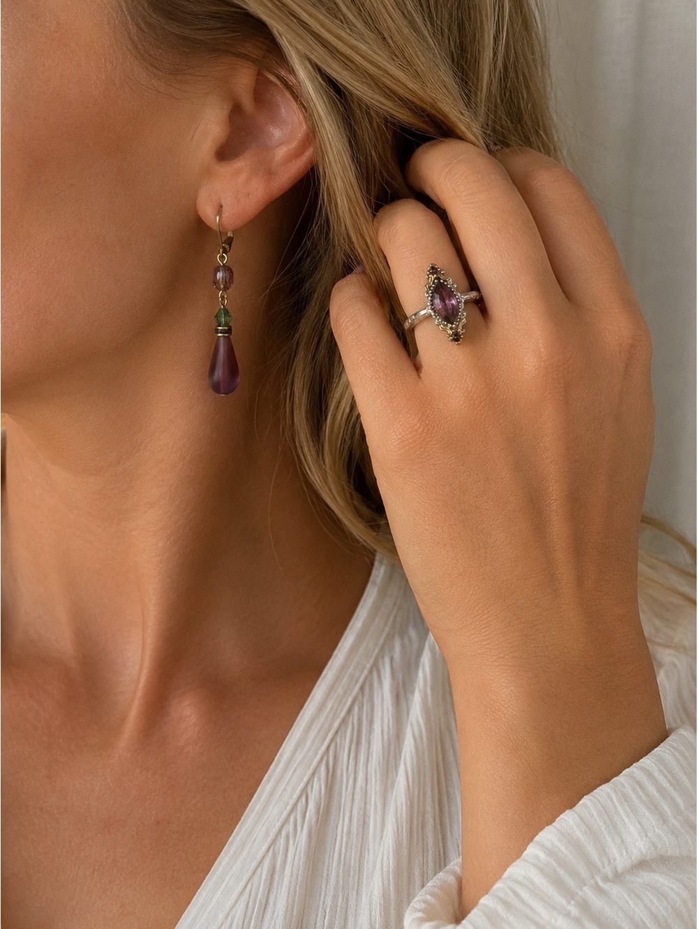 Vintage Estate Marquise Amethyst Ring & Beaded Dangle Earring Set – As Is